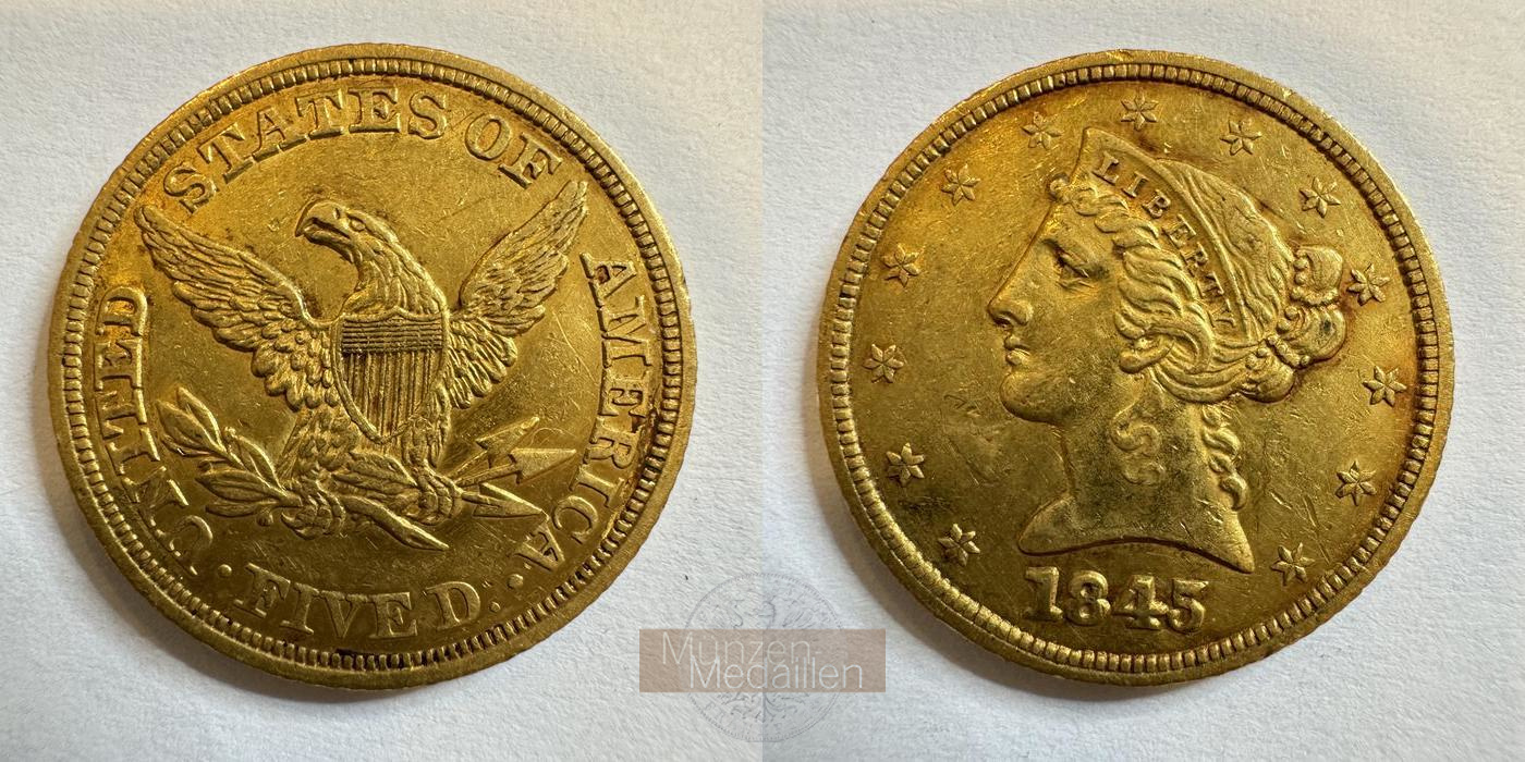  USA 5 Dollars (Coronet Head) 1845 (1839-1866) MM-Frankfurt KM#69 Feingold: 7,524g   