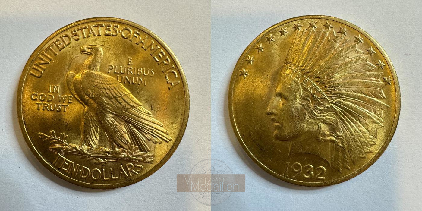  USA 10 Dollars (Indian Head) 1932 (1908-33) with Motto MM-Frankfurt KM#130 Feingold: 15,05g   