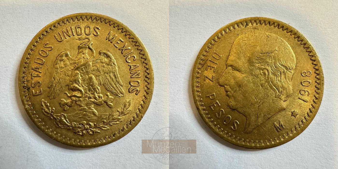  Mexiko 10 Pesos (Hidalgo) 1908 M (1905-1996) MM-Frankfurt KM#473 Feingold: 7,5g   