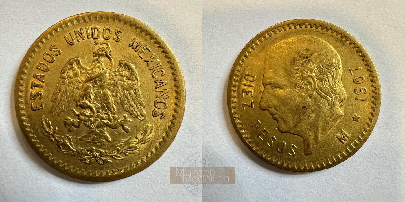  Mexiko 10 Pesos (Hidalgo) 1907 M (1905-1996) MM-Frankfurt KM#473 Feingold: 7,5g   