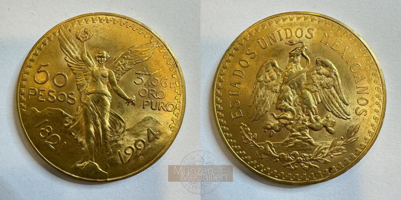  Mexiko 50 Pesos Centenario (Independence) 1924 (1921-1947) MM-Frankfurt KM#481 Feingold: 37,5g   