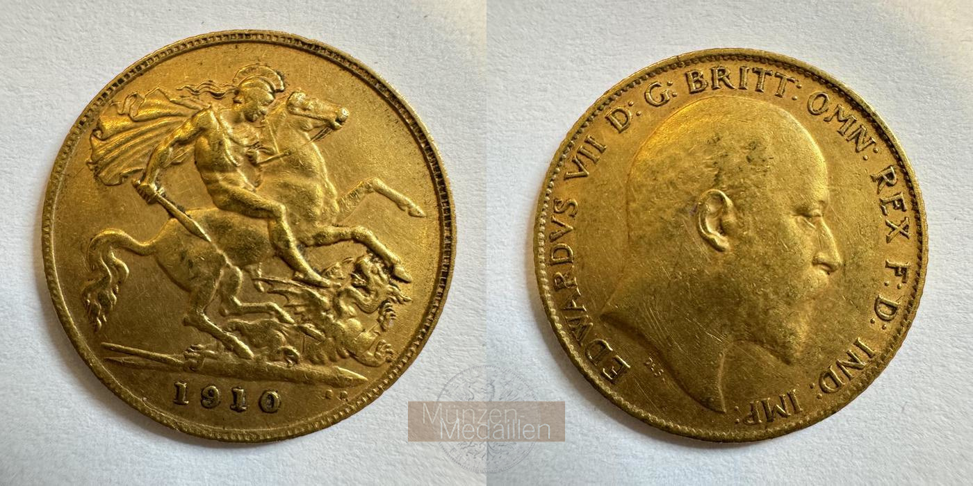  Vereinigtes Königreich, Edward VII.  1/2 Sovereign 1910.  MM-Frankfurt  Feingold: 3,66g   