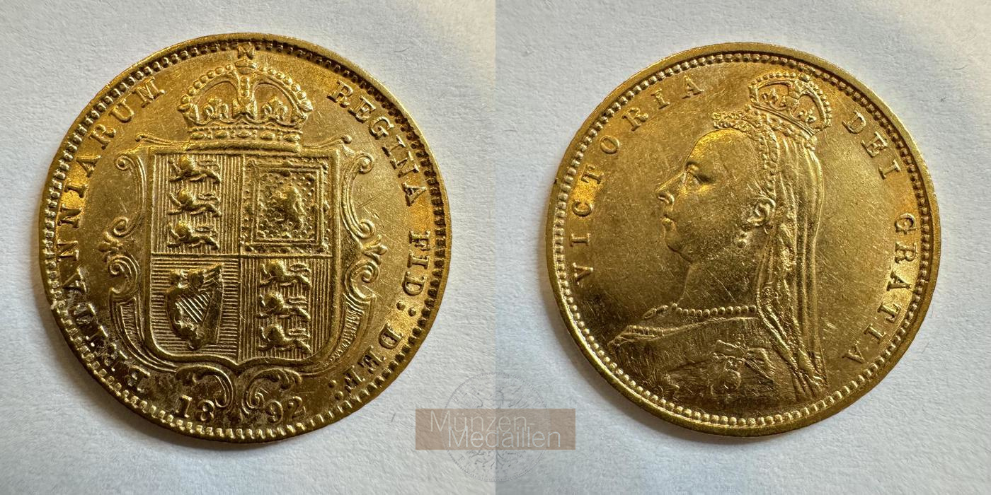 Grossbritannien, Victoria 1837-1901. MM-Frankfurt Feingold: 3,66g 1/2 Sovereign Wappentyp 1892 