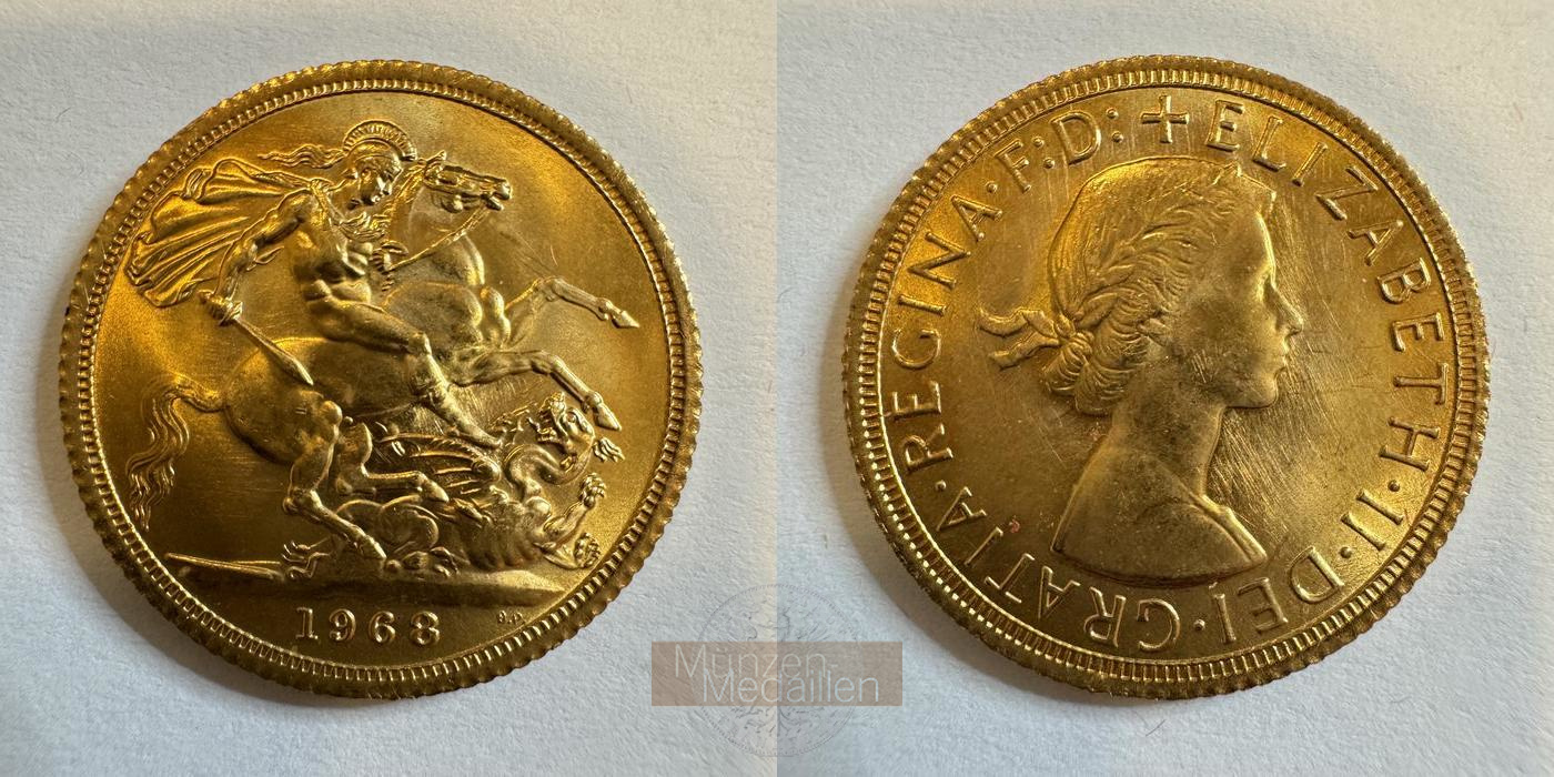 Grossbritannien, Elisabeth II MM-Frankfurt KM#908 Feingold: 7,34g 1 Sovereign 1968 (1957-1968)  