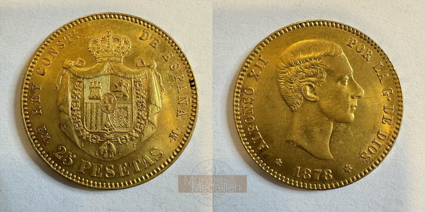 Spanien MM-Frankfurt Feingold: 7,26g 25 Pesetas Alfonso XII 1878 (1876-1962) 