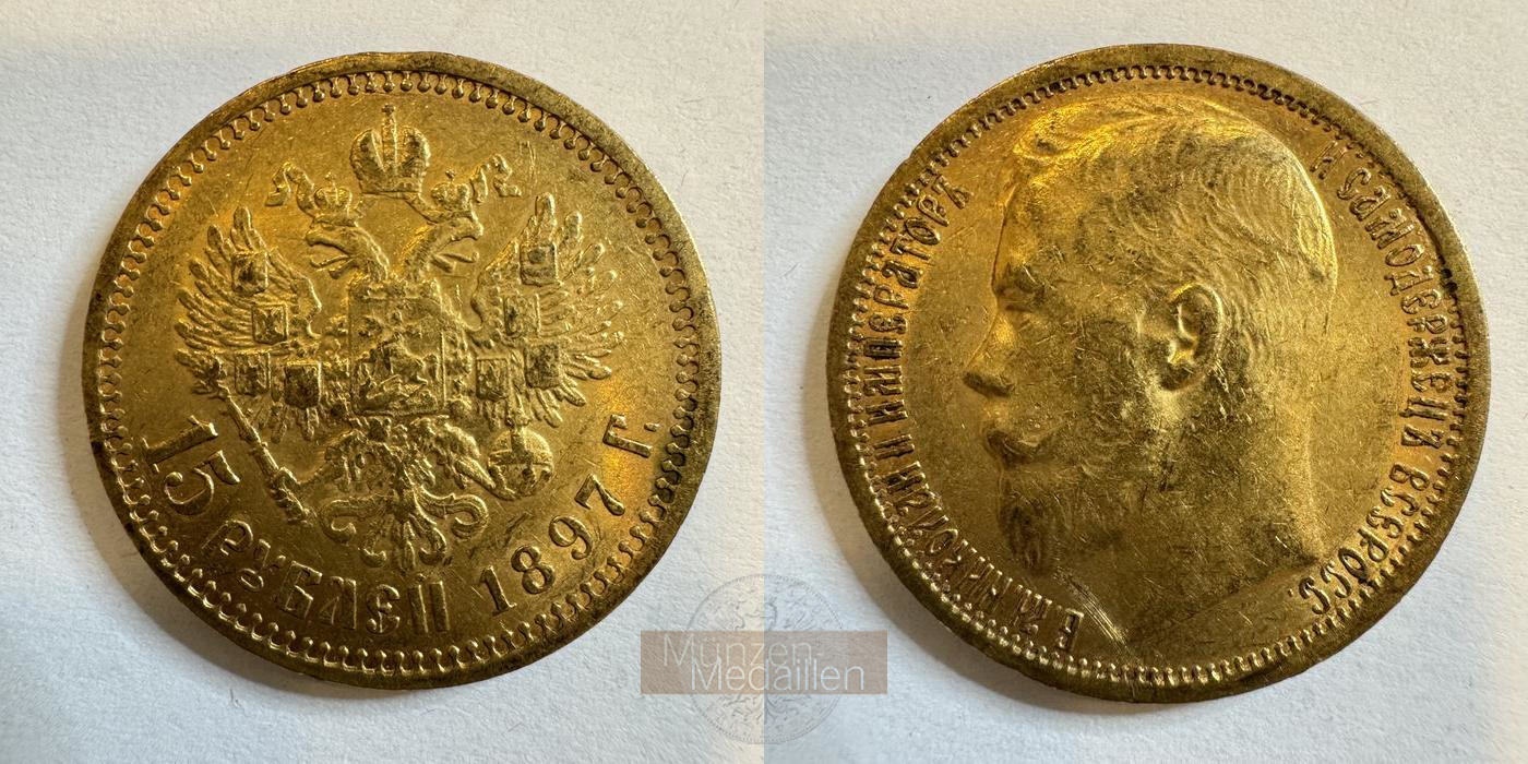 Russland  15 Rubel MM-Frankfurt Feingold: 11,61g Zar Nikolaus II. 1894-1917 1897 
