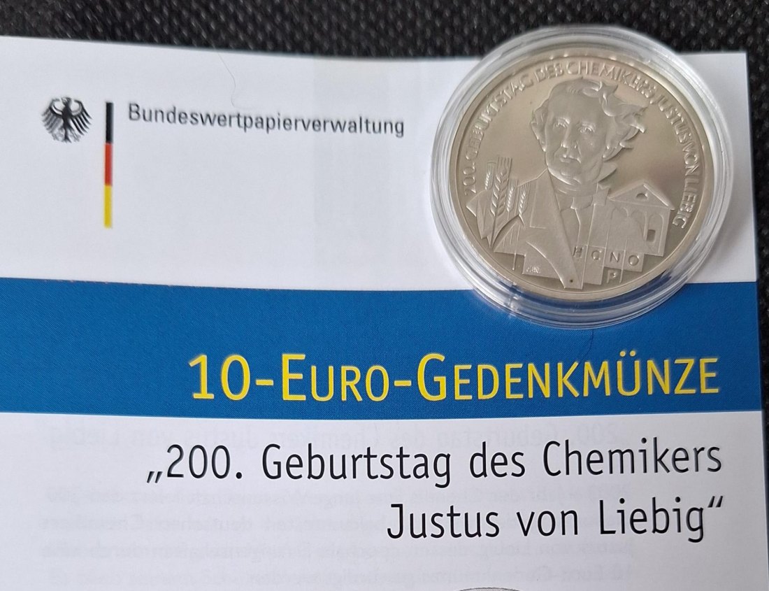  Silbermünze in PP: BRD 10 Euro 2003 J, Justus von Liebig, Feingewicht 16,65 Gramm   