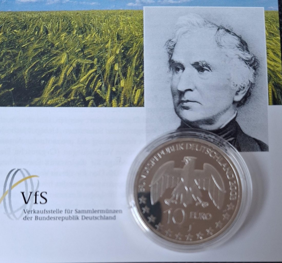  Silbermünze in PP: BRD 10 Euro 2003 J, Justus von Liebig, Feingewicht 16,65 Gramm   