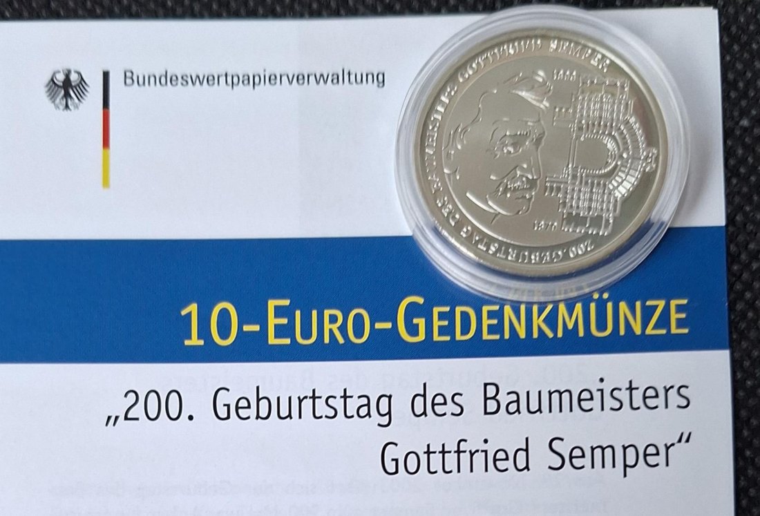  Silbermünze PP: BRD 10 Euro 2003 G Gottfried Semper, Feingewicht 16,65 Gramm   