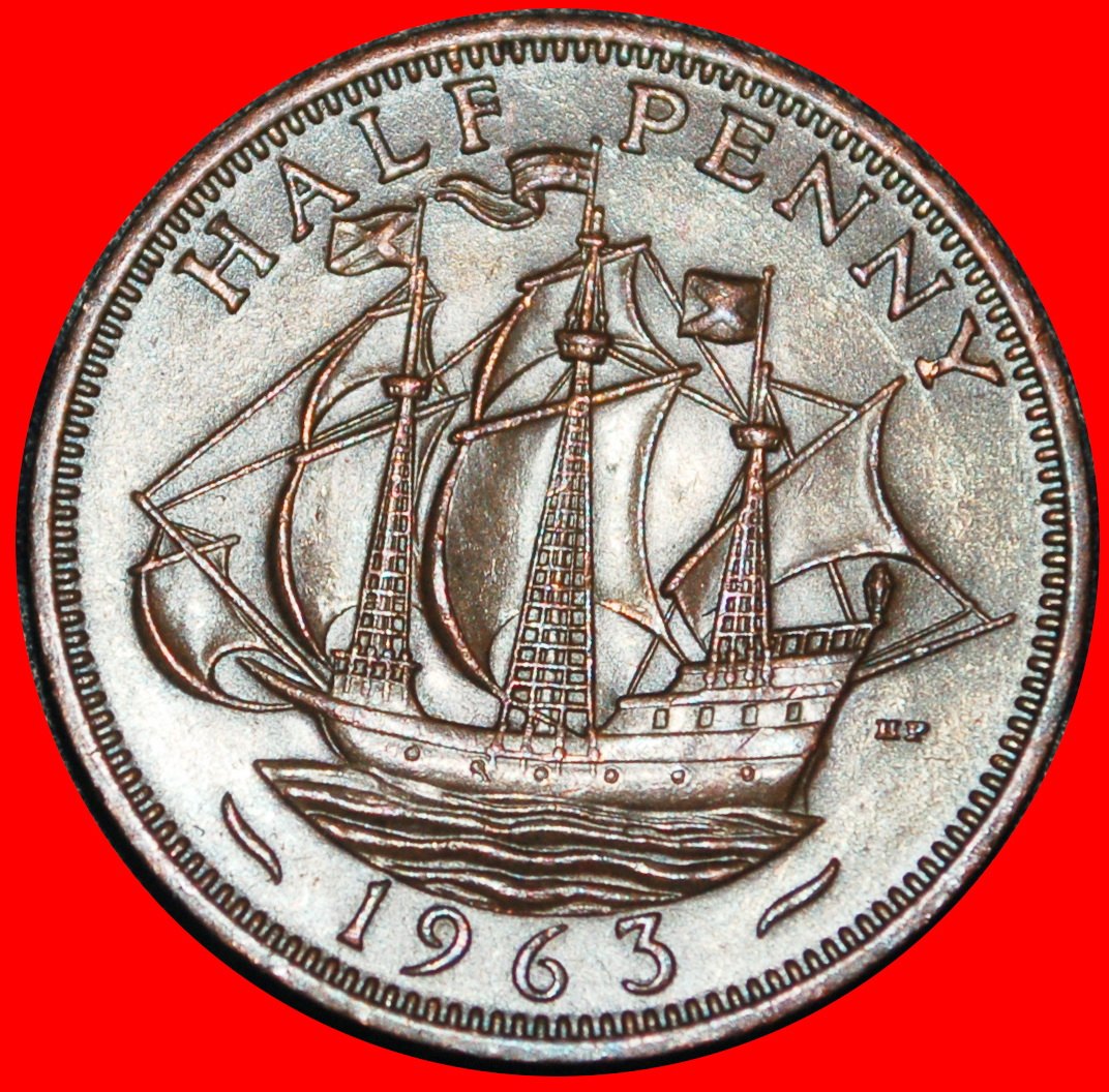  Ⰺ SHIP (1953-1970): GREAT BRITAIN ★ HALF PENNY 1963! ELIZABETH II (1952-2022)★LOW START★NO RESERVE!   