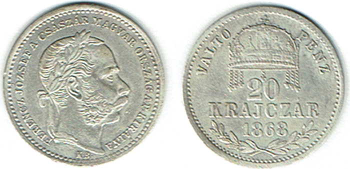  SZAIVERT KAISERREICH ÖSTERREICH UNGARN FRANZ JOSEPH 20 KRAJCZAR 1868 KB KREMNITZ   