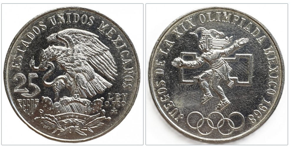  Mexiko 25 Pesos, 1968 Olympische Sommerspiele von 1968 in Mexico Silber 16,2 fein   