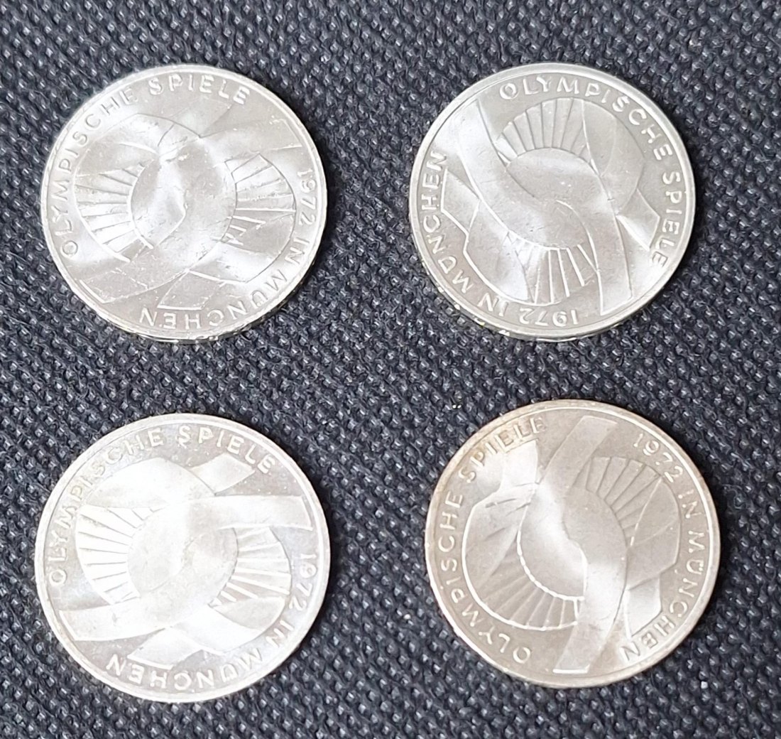  4 Silbermünzen: BRD, 4 x 10 DM Olympische Spiele 1972, 2. Serie DFGJ, Feingewicht 38,76 Gramm   