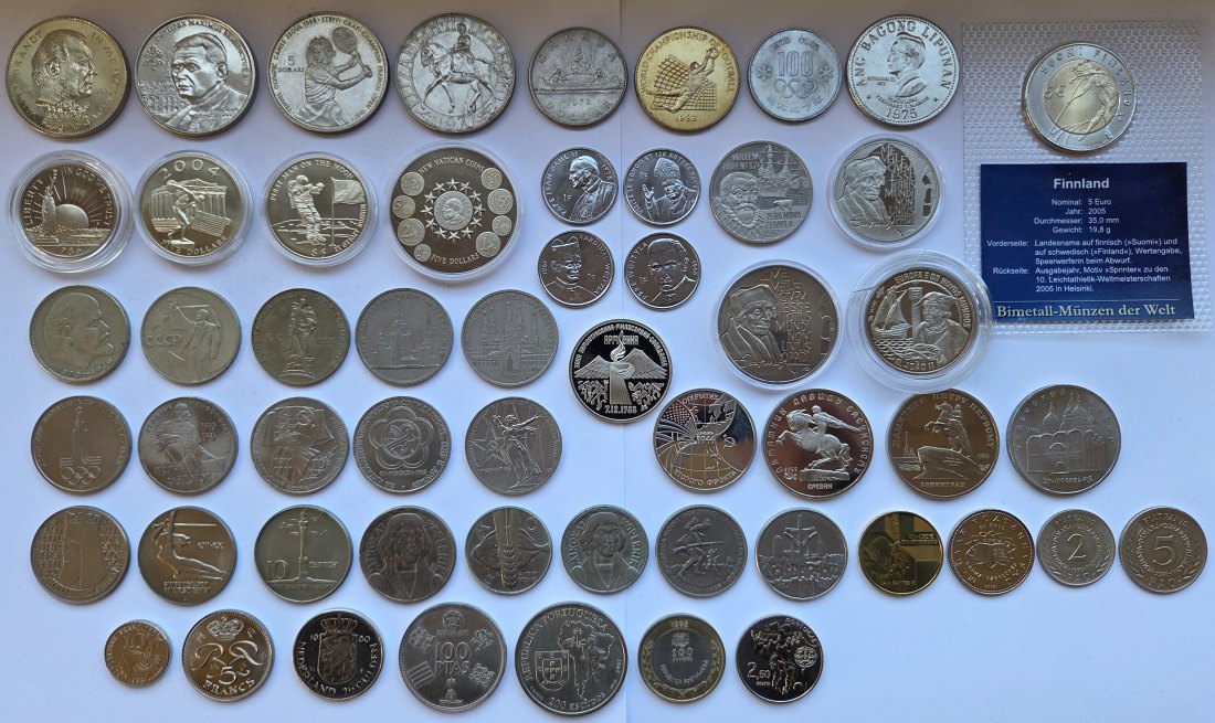  Großes Lot aus 55 verschiedenen Kupfer-Nickel-Gedenkmünzen aus aller Welt   