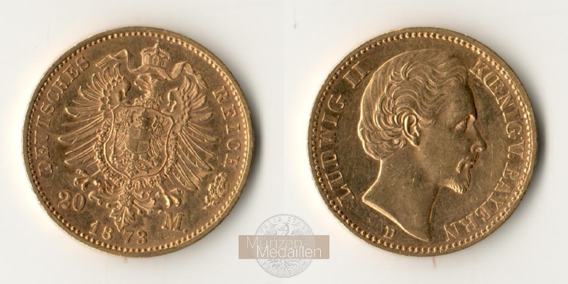 Dt. Kaiserreich, Bayern Ludwig II. MM-Frankfurt KM#894 Feingold: 7,17g 20 Mark 1873 D 