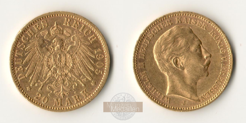 Dt. Kaiserreich Preussen,  20 Mark MM-Frankfurt KM#521 Feingold: 7,17g Wilhelm II 1905 J 