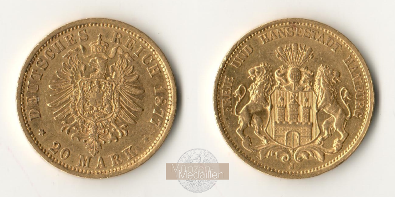 Deutsches Kaiserreich. Hamburg 20 Mark MM-Frankfurt Feingold: 7,17g  1877 J 