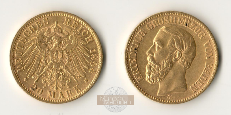 Dt. Kaiserreich Baden, Friedrich I MM-Frankfurt KM#270 Feingold: 7,17g 20 Mark (1894-1895) 1894 G 