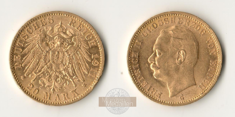 Deutsches Kaiserreich, Baden MM-Frankfurt Feingewicht: 7,17g Gold Friedrich II. 1907-1918. 20 Mark 1911 G 