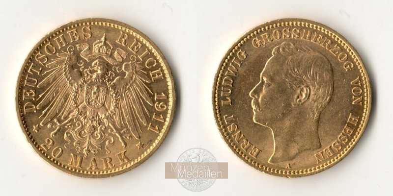 Hessen, Kaiserreich MM-Frankfurt Feingold: 7,17g 20 Mark Ernst Ludwig Großherzog 1911 A 