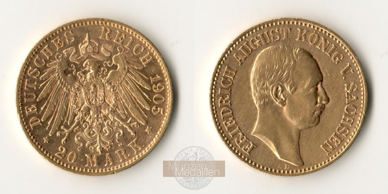 Sachsen, Kaiserreich  20 Mark MM-Frankfurt Feingold: 7,17g Friedrich August 1904 - 1918 1905 E 