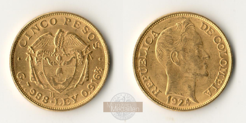 Kolumbien Feingold: 7,32g 5 Pesos 1924 