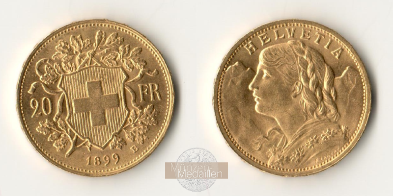 Schweiz  20sFR  1899 B MM-Frankfurt Feingold: 5,81g Vreneli  
