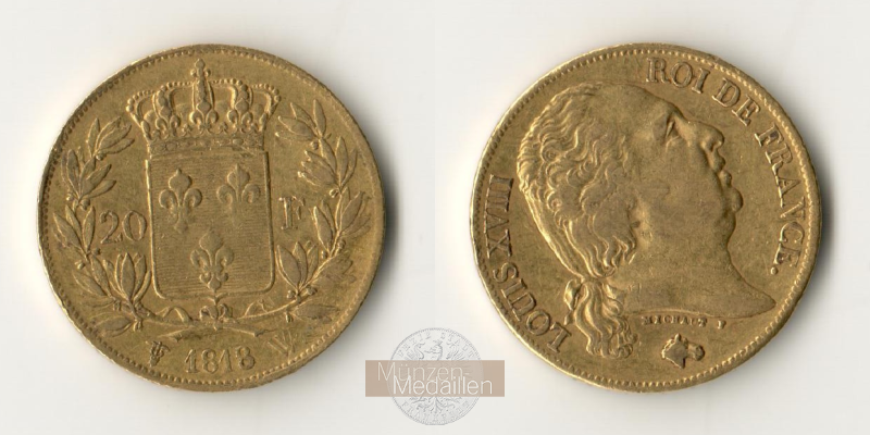 Frankreich, Louis XVIII MM-Frankfurt Feingold: 5,81g 20 Francs 1818 W (Lille) 