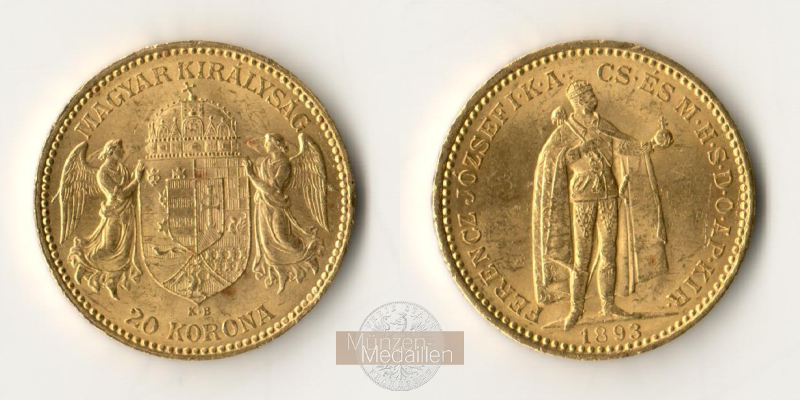 Ungarn MM-Frankfurt Feingold: 6,09g 20 Kronen 1893 