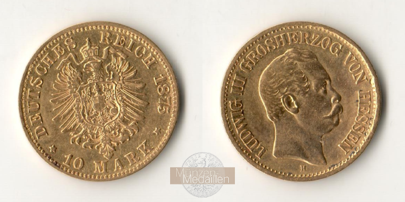 Deutsches Kaiserreich - Hessen MM-Frankfurt Feingold: 3,58g Ludwig III. 10 Mark 1875 H 