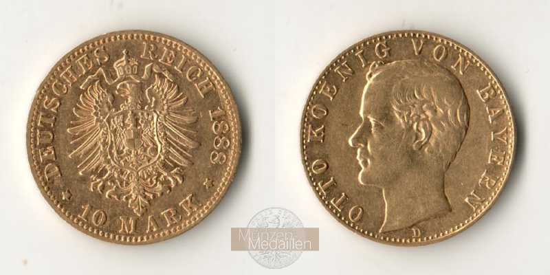 Deutsches Kaiserreich, Bayern. MM-Frankfurt Feingold: 3,58g 10 Mark 1888 D  