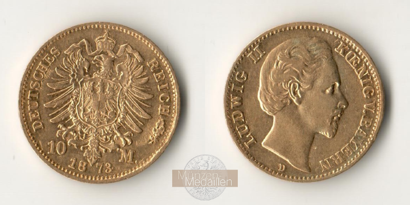 Dt Kaiserreich. Bayern MM-Frankfurt Feingewicht: 3,59g Gold Ludwig II. 10 Mark 1873 D 