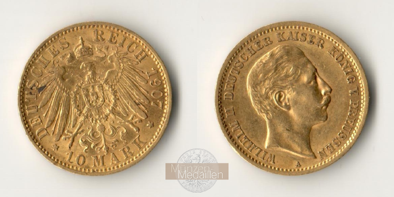Deutsches Kaiserreich. Preussen, MM-Frankfurt Feingold: 3,58g Wilhelm II., 1888-1918. 10 Mark 1907 A 