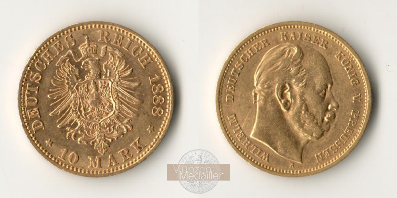 Preussen, Kaiserreich  10 Mark MM-Frankfurt KM#504 Feingold: 3,58g Wilhelm I 1888 A (1874-18) 