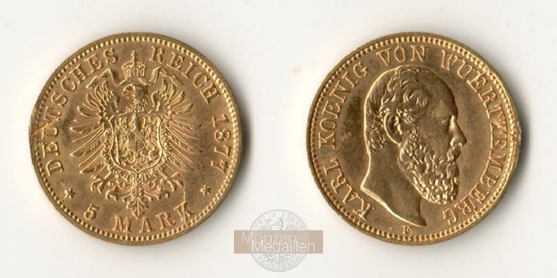  DR. Württemberg, Karl I.  5 Mark 1877 F  MM-Frankfurt KM#627 Feingold: 1,79g   
