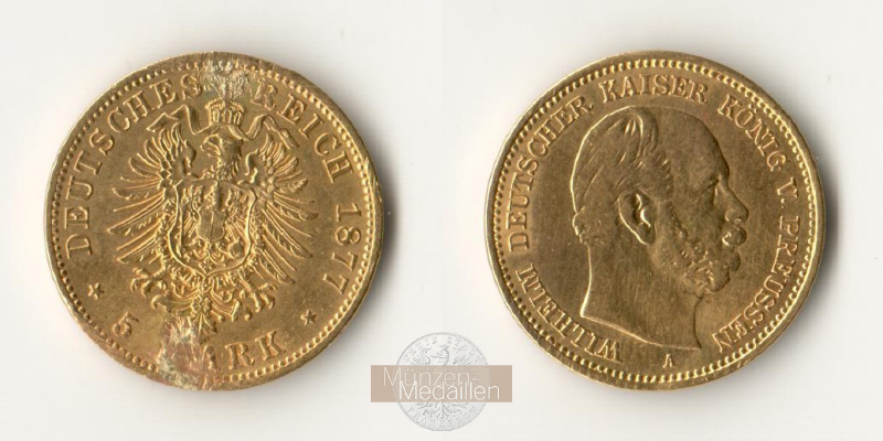 Deutsches Kaiserreich. Preussen, MM-Frankfurt.  Feingold: 1,79g Wilhelm I. 5 Mark 1877 A 