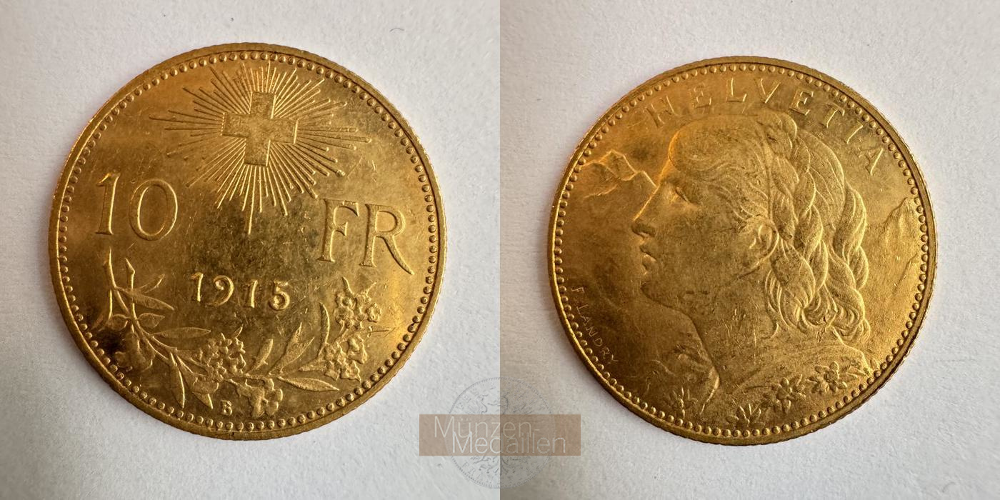  Schweiz 10 Francs 1915 (1911-1922) B Helvetia MM-Frankfurt KM#36 Feingold: 2,9g   