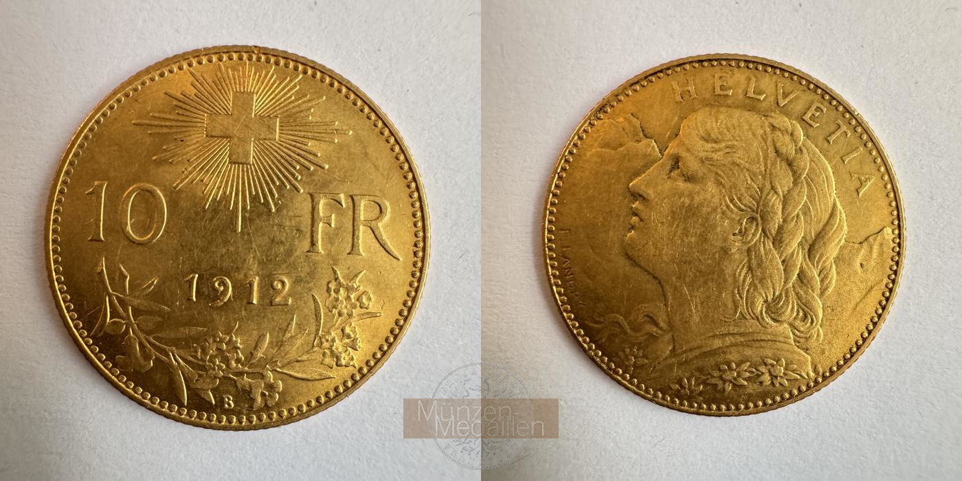  Schweiz 10 Francs 1912 (1911-1922) B Helvetia MM-Frankfurt KM#36 Feingold: 2,9g   