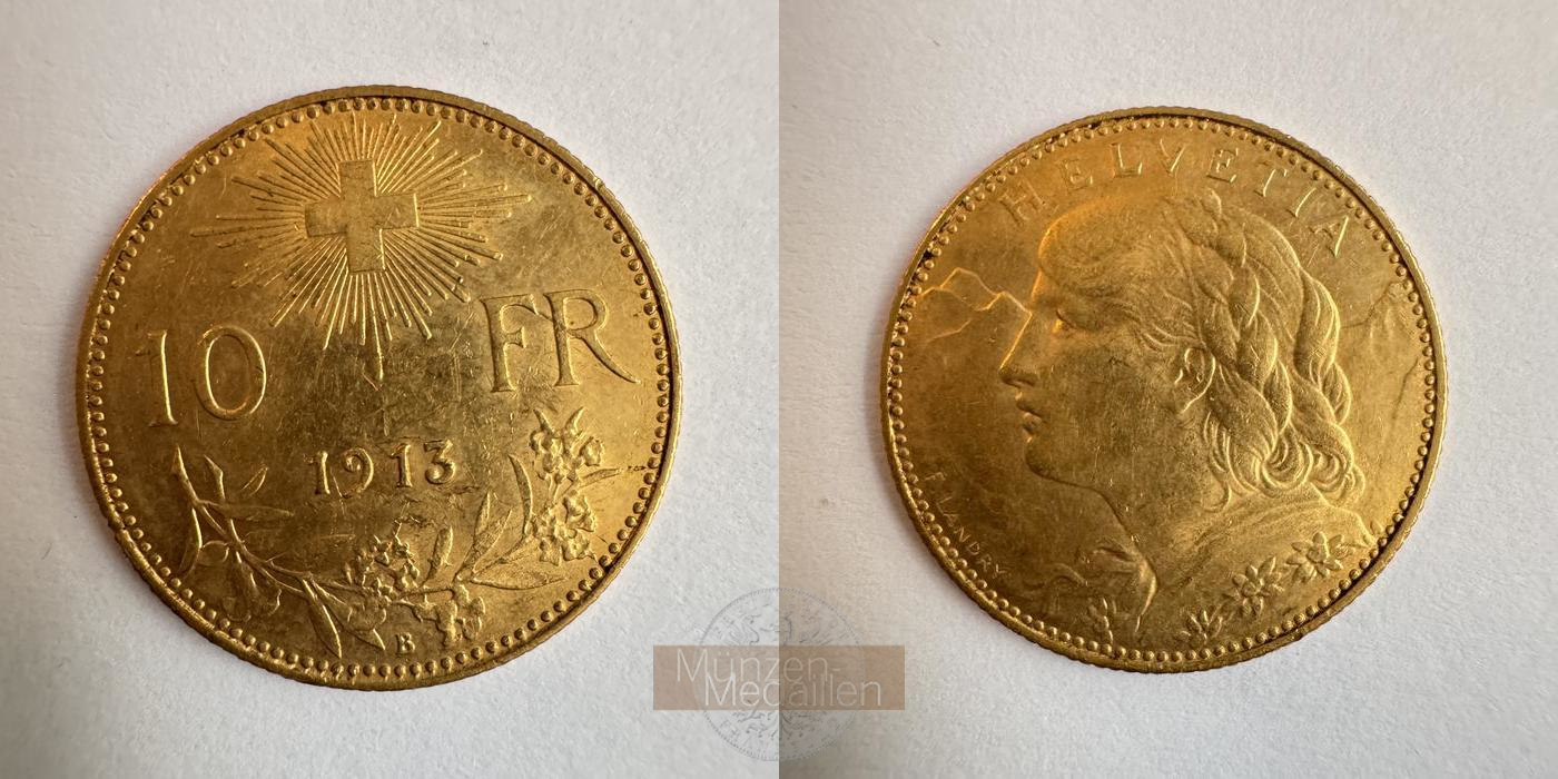  Schweiz 10 Francs 1913 (1911-1922) B Helvetia MM-Frankfurt KM#36 Feingold: 2,9g   