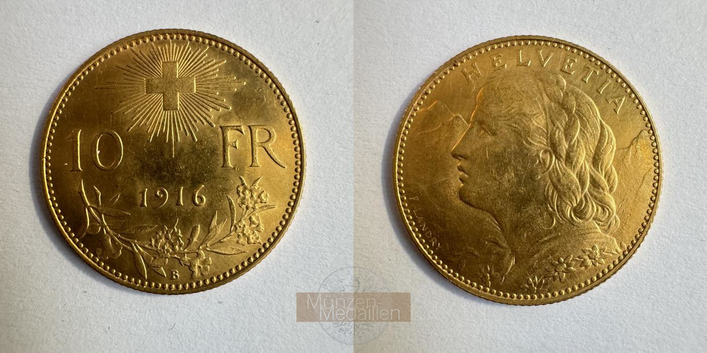  Schweiz 10 Francs 1916 (1911-1922) B Helvetia MM-Frankfurt KM#36 Feingold: 2,9g   