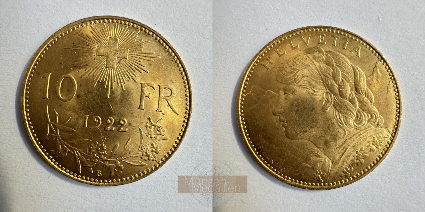  Schweiz 10 Francs 1922 (1911-1922) B Helvetia MM-Frankfurt KM#36 Feingold: 2,9g   