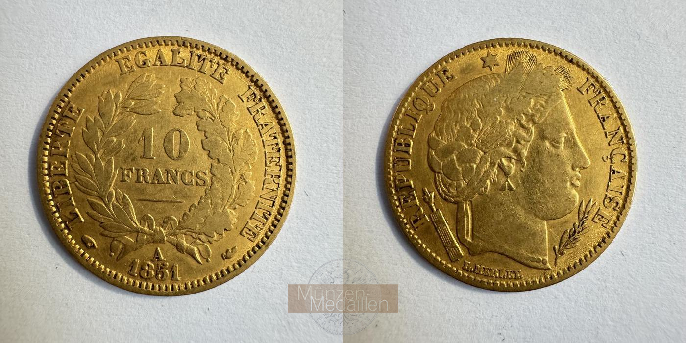 Frankreich MM-Frankfurt Feingold: 2,90g 10 Francs 1851 A 