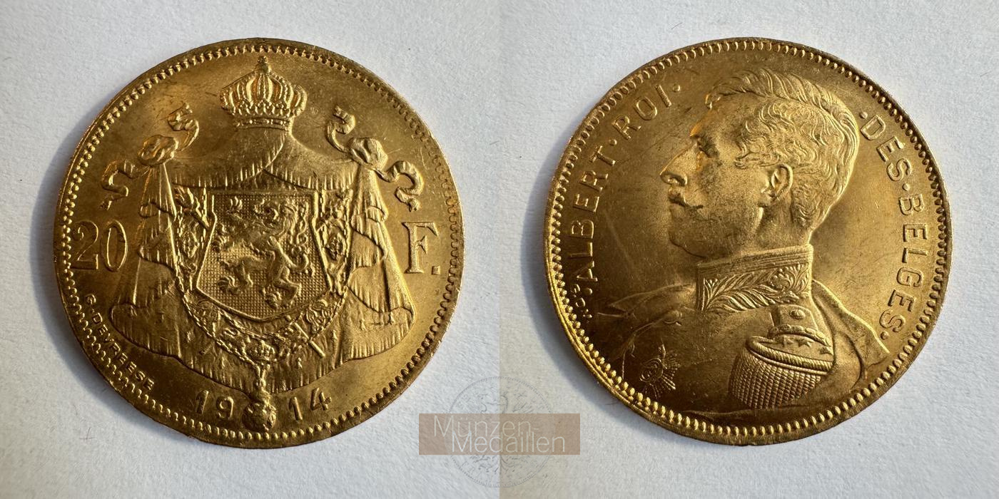  Belgien 20 Francs Albert I (French text) 1914 MM-Frankfurt KM#78 Feingold: 5,86g   