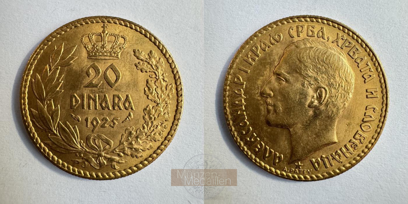 Jugoslawien, Aleksander I. 1918-1941. Feingold: 5,81g 20 Dinara 1925 