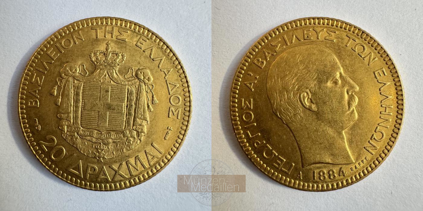 Griechenland,   20 Drachmai MM-Frankfurt KM#56 Feingold: 5,81g Georg I. 1863-1913 1884 A 
