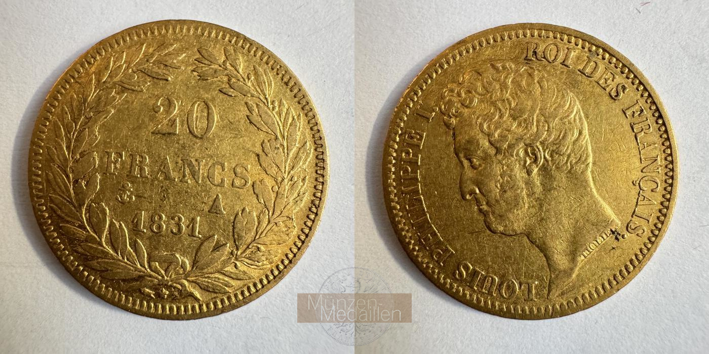 Frankreich, Loius Philippe I MM-Frankfurt Feingewicht: 5,81g 20 Francs 1831 A 