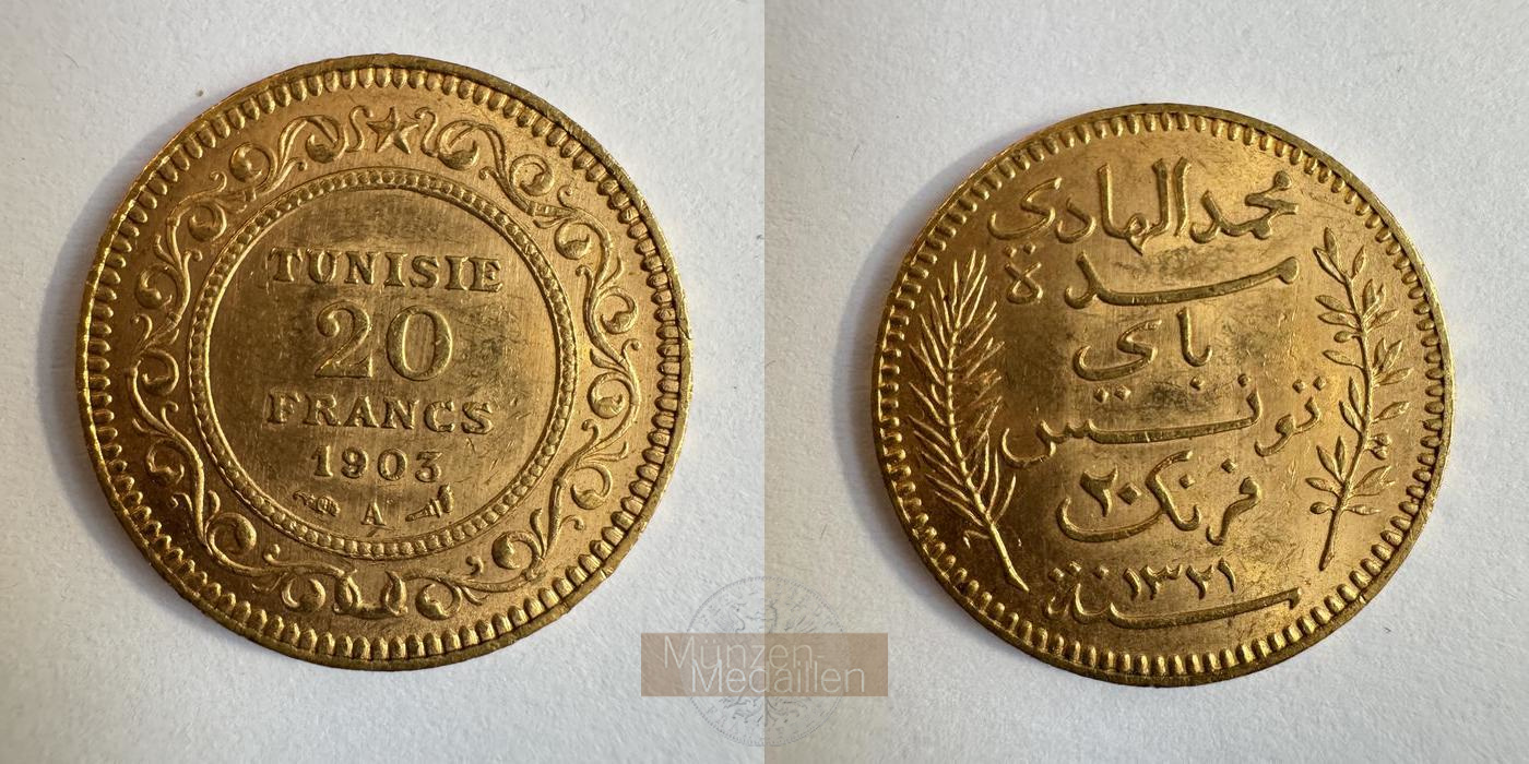 Tunesien (Französisches Protektorat) MM-Frankfurt KM#234 Feingewicht: 5,81g 20 Francs 1903 A 