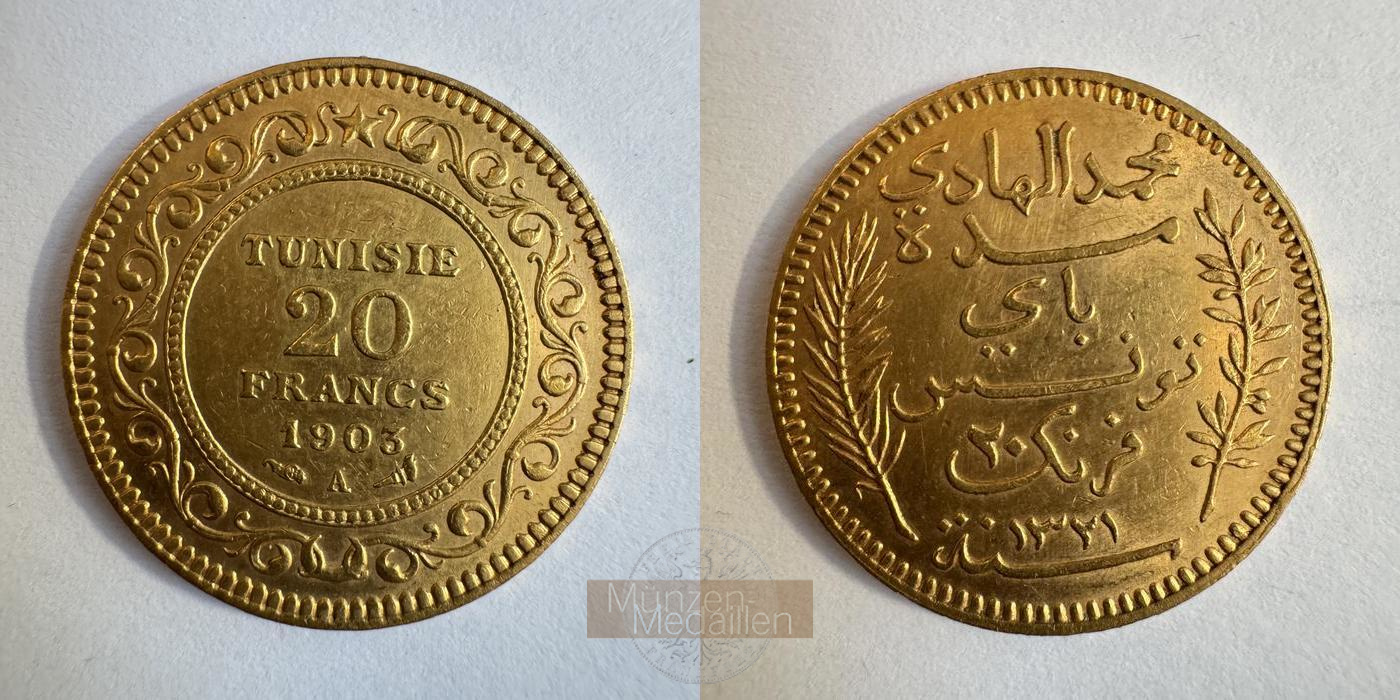 Tunesien (Französisches Protektorat) MM-Frankfurt KM#234 Feingewicht: 5,81g 20 Francs 1903 A 