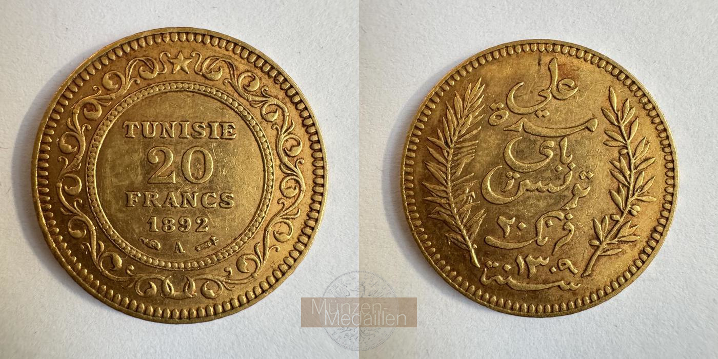 Tunesien, franz. Protektorat (1890-1957) MM-Frankfurt Feingewicht: 5,81g 20 Francs 1892 A 