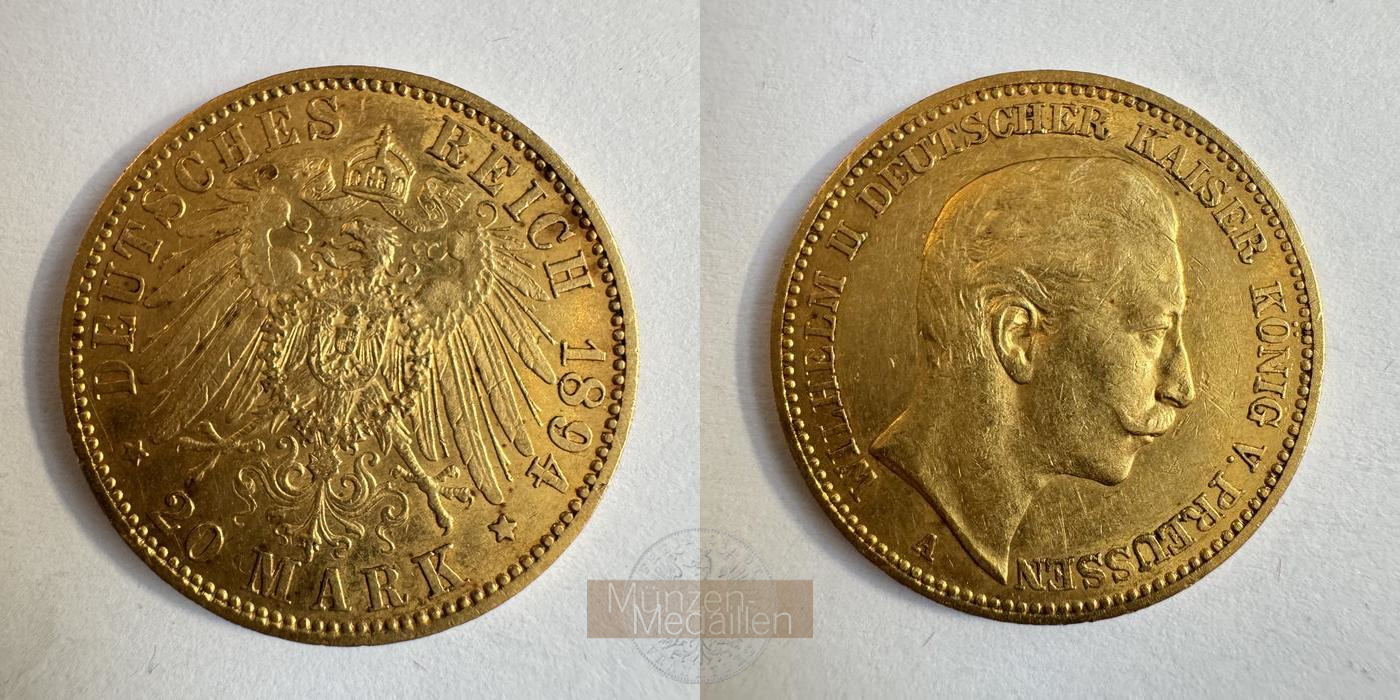  Dt. Reich Preußen 20 Mark William II 1894 (1890-1913) 'A' MM-Frankfurt KM#521 Feingold: 7,17g   